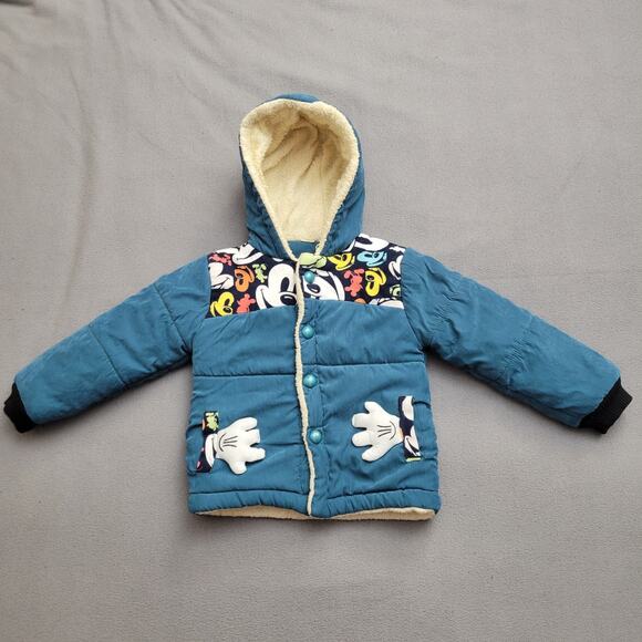 Disney Other - Mickey Winter Coat Toddler 3T Blue Hood Puffy Hands Pockets Lined Warm Outdoors